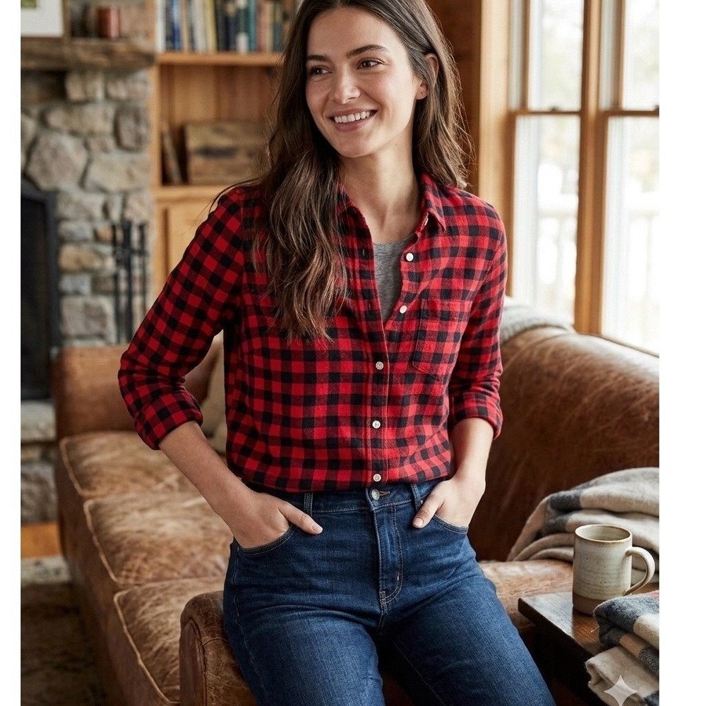 J.Crew Womens Red Black Buffalo Check Flannel Button Down Shirt Size Small Fall